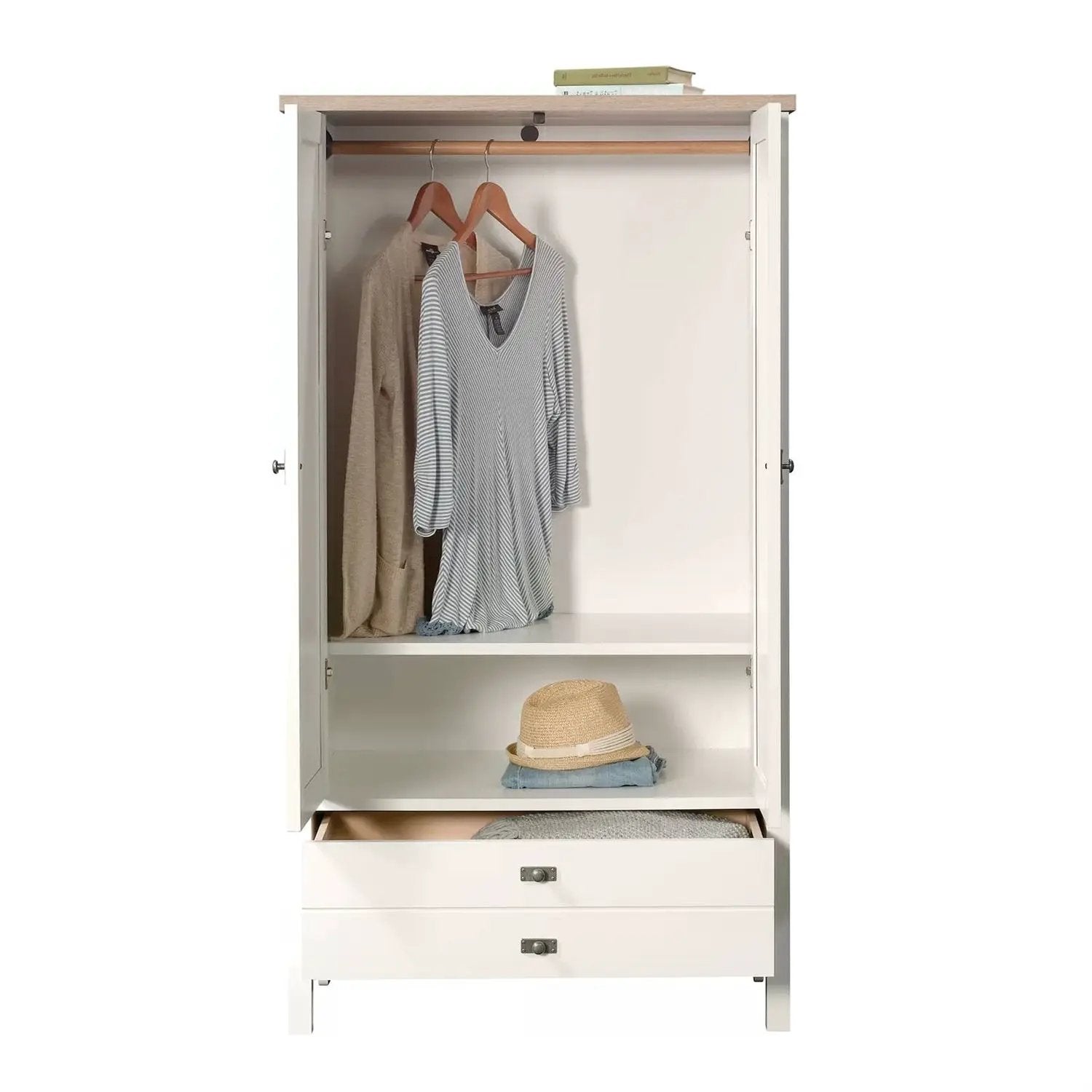 Farmhouse Bedroom Armoire Cabinet by HomePacific, white wood finish with hanging rod and two bottom drawers