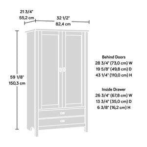 Farmhouse bedroom armoire cabinet with bottom storage drawer in white wood finish by HomePacific