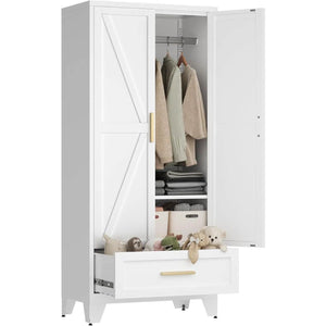 White 2-door wardrobe armoire with hanging rod and storage drawer, interior shows clothes on rod and folded items.