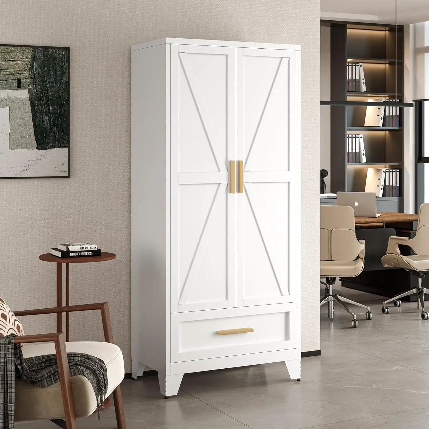 HomePacific white 2-door wardrobe armoire with storage drawer and hanging rod