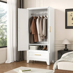 White 2-door wardrobe armoire with hanging rod and lower drawer, displaying coats and shoes.