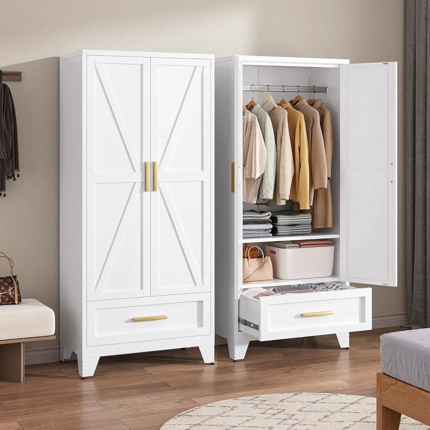 White 2-Door Wardrobe Armoire by HomePacific; two white wardrobes with drawers, one open showing hanging rod and shelves.