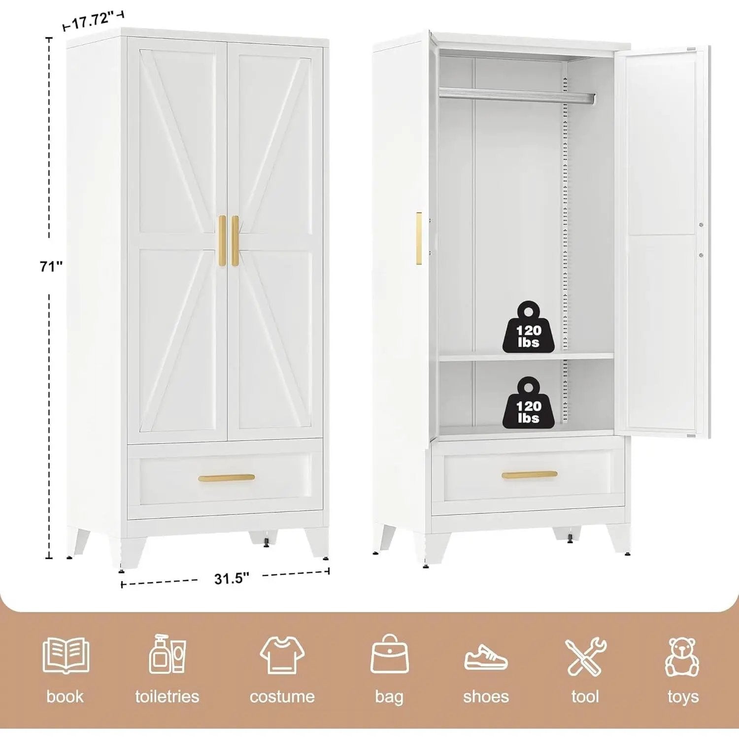White HomePacific 2-door wardrobe armoire with X-panel doors, hanging rod, shelves, and bottom drawer