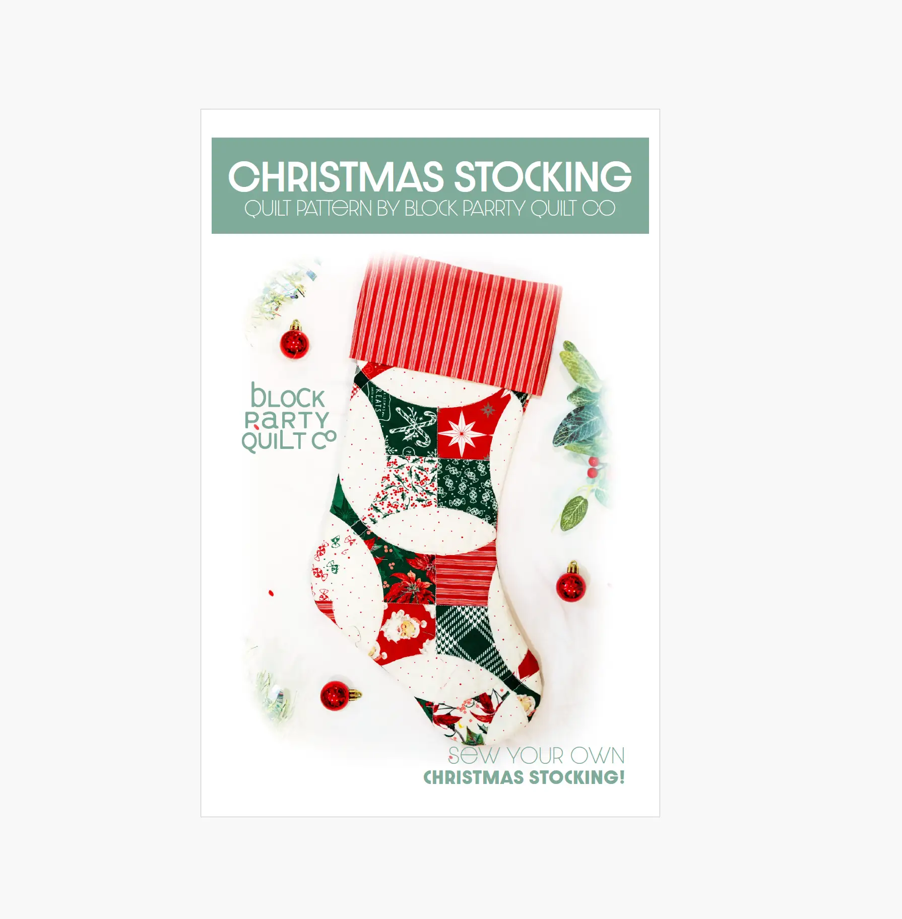 Quilted Stocking Pattern by Block Party Quilt Co; Christmas patchwork stocking sewing pattern