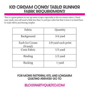 Ice Cream Cone Table Runner Pattern by Block Party Quilt Co, sewing pattern with fabric yardage.