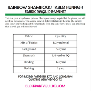 Shamrocks Table Runner Pattern by Block Party Quilt Co, sewing pattern with fabric requirements table