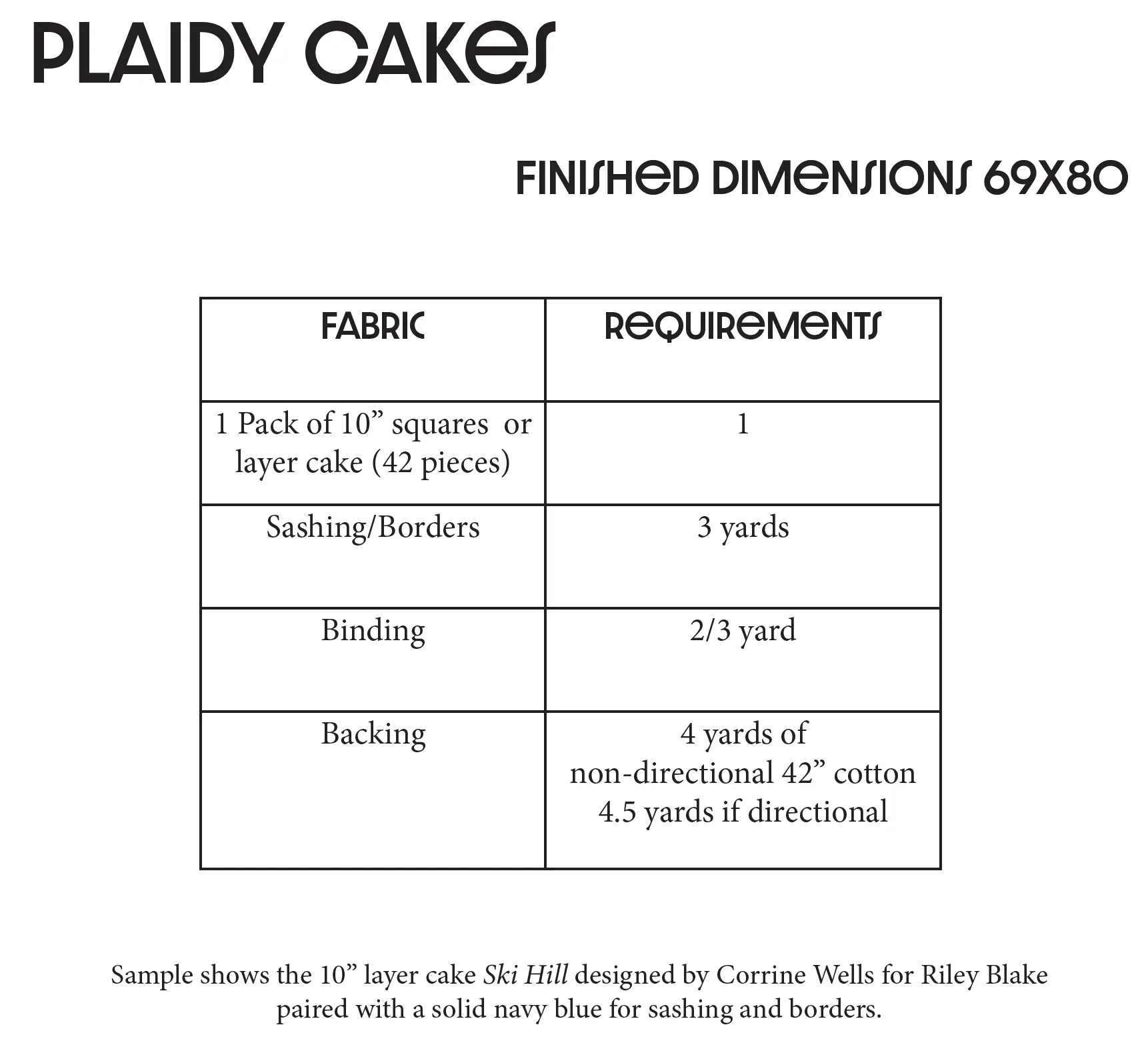 Plaidy Cakes quilt pattern; finished 69x80; fabric needs: 10-inch squares, sashing, binding, backing.