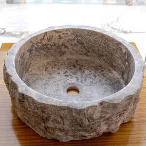 Villohome round stone vessel sink, silver travertine rustic finish for above-vanity use, 16in diameter x 6in height.