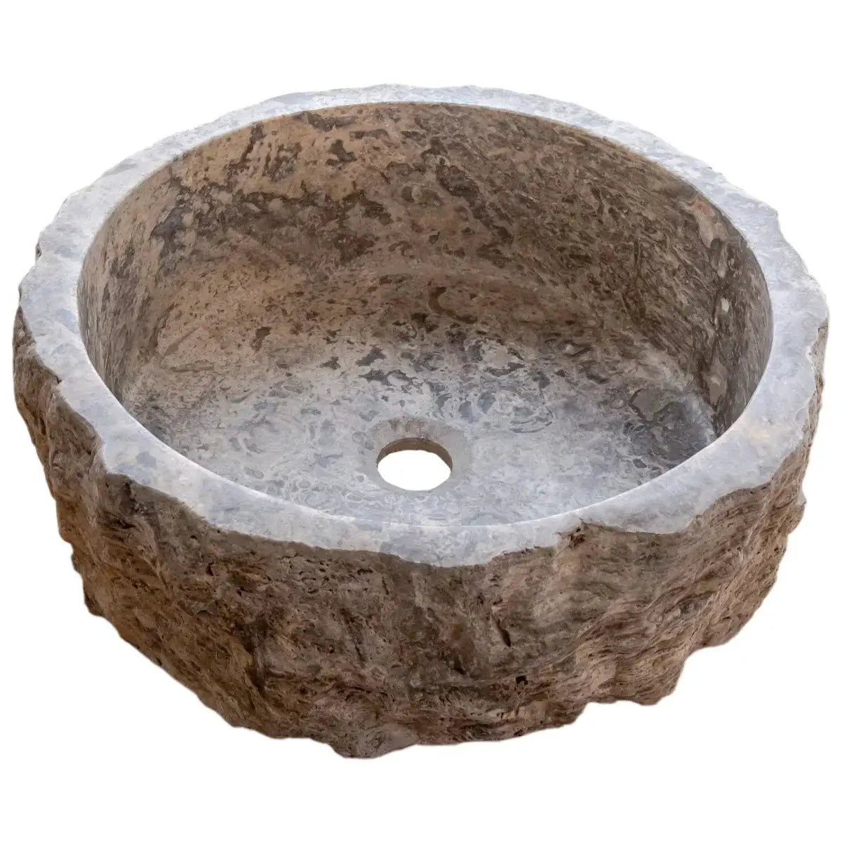 Stone vessel sink Villohome, silver travertine rustic bathroom sink, 16in dia, 6in high.