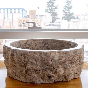 Villohome silver travertine rustic stone bathroom sink, round above-counter vanity basin.