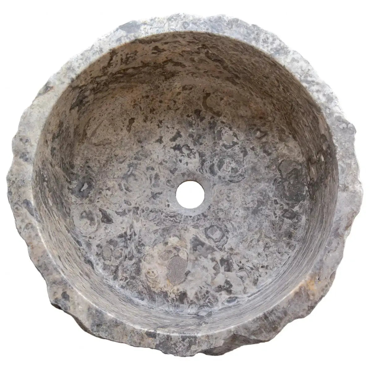 Bathroom sink silver travertine rustic stone, round above-vanity, 16in diameter, Villohome