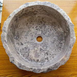 Stone bathroom sink, silver travertine rustic, above-vanity, round 16-inch diameter