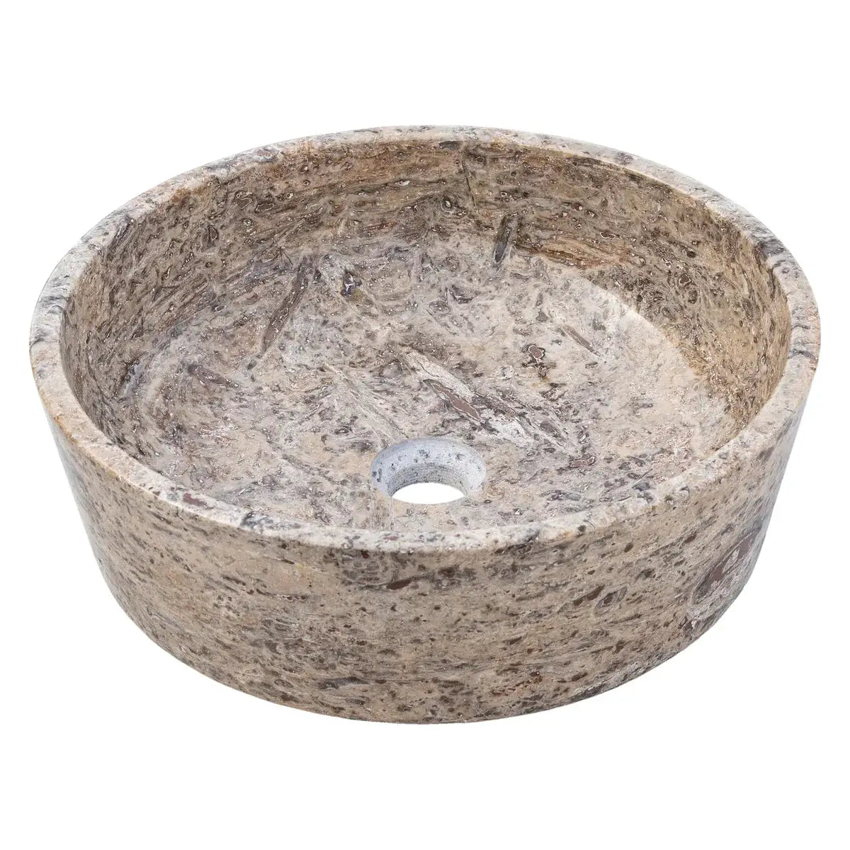 Bathroom sink by Villohome: round Silver Latte travertine, polished natural stone vessel for above-vanity use