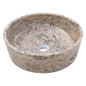 Bathroom sink by Villohome: round Silver Latte travertine, polished natural stone vessel for above-vanity use