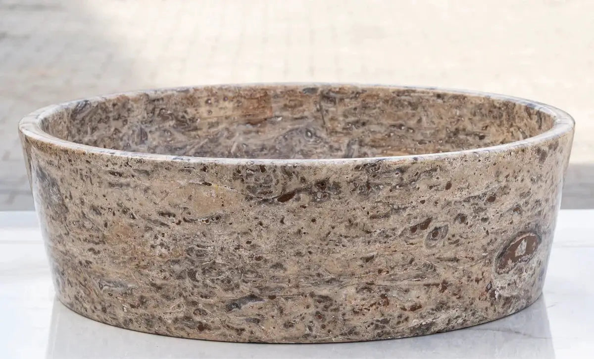 Silver Latte travertine stone bathroom sink, polished, above-vanity vessel, 16in diameter x 5in high, Villohome