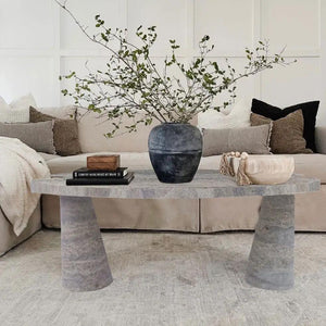 Villohome coffee table in silver travertine vein-cut with a honed finish and conic legs; 48in L x 24in W x 16in H