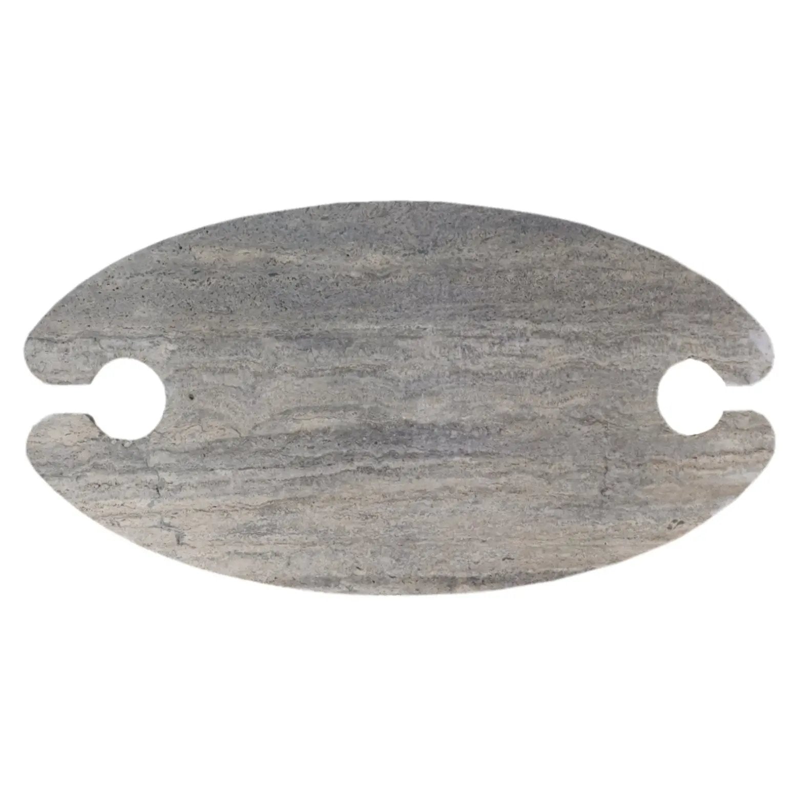 Coffee table in silver travertine vein-cut, curved oval with end cutouts for conic legs