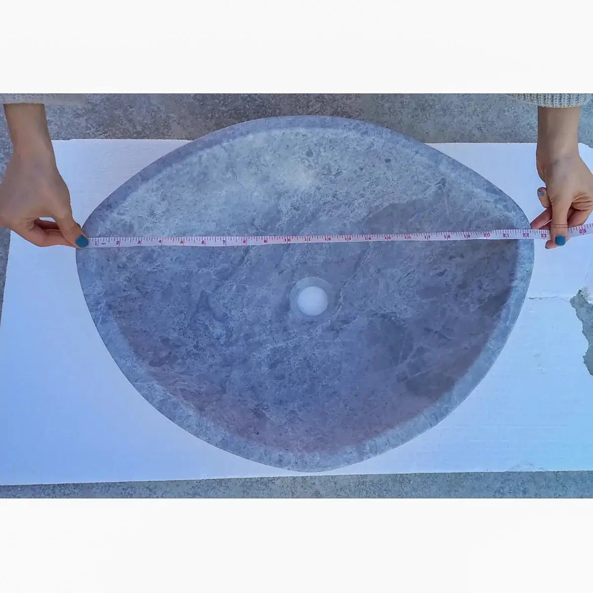 Sirius gray marble bathroom sink by Villohome, round above-counter design, 22-in diameter, honed