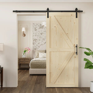Solid pine barn door with track kit; natural wood and black hardware