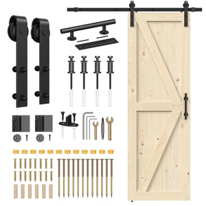 HAUSVITA solid pine barn door with track kit; natural wood panel with black hardware