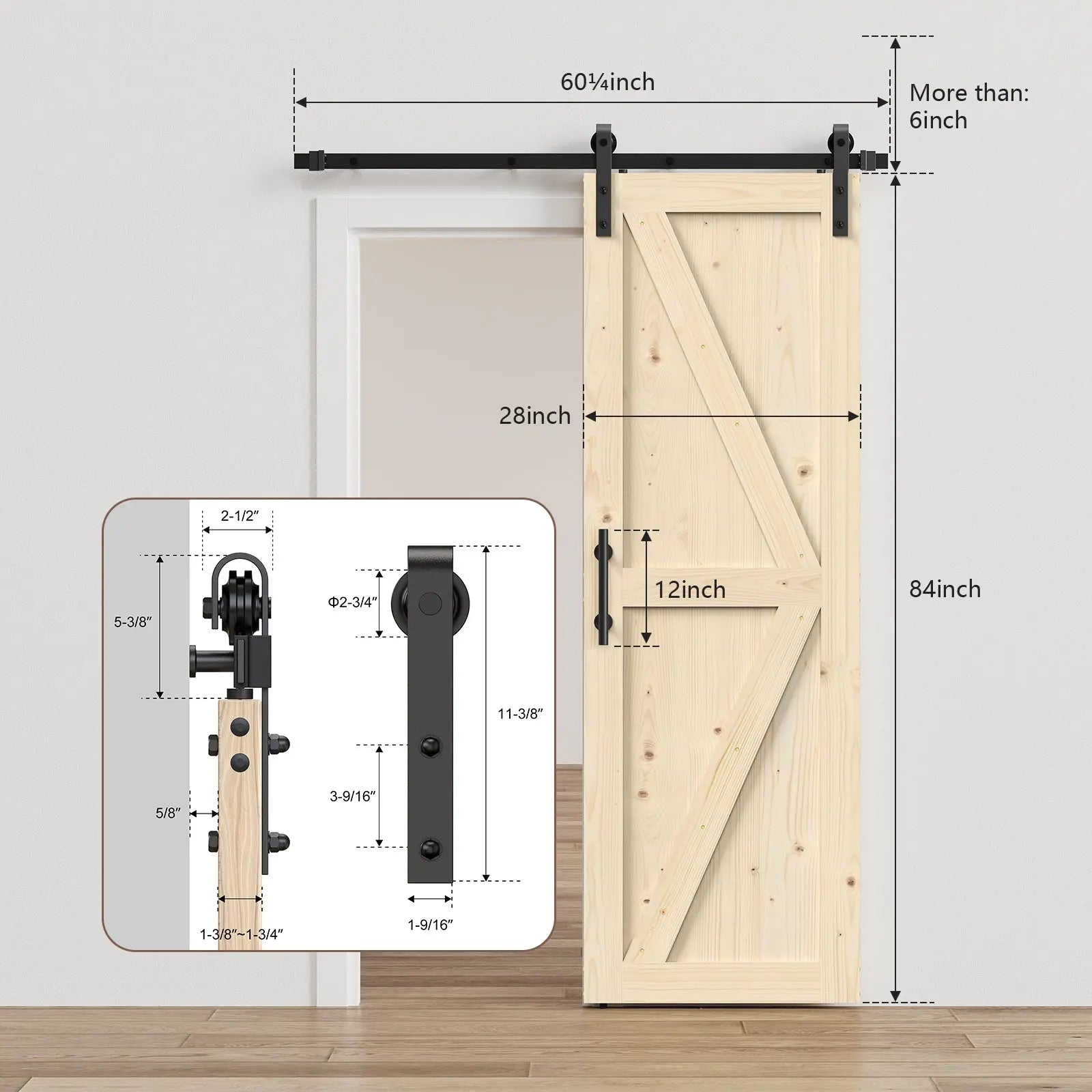 Solid pine barn door with track kit by HAUSVITA; natural finish and black hardware