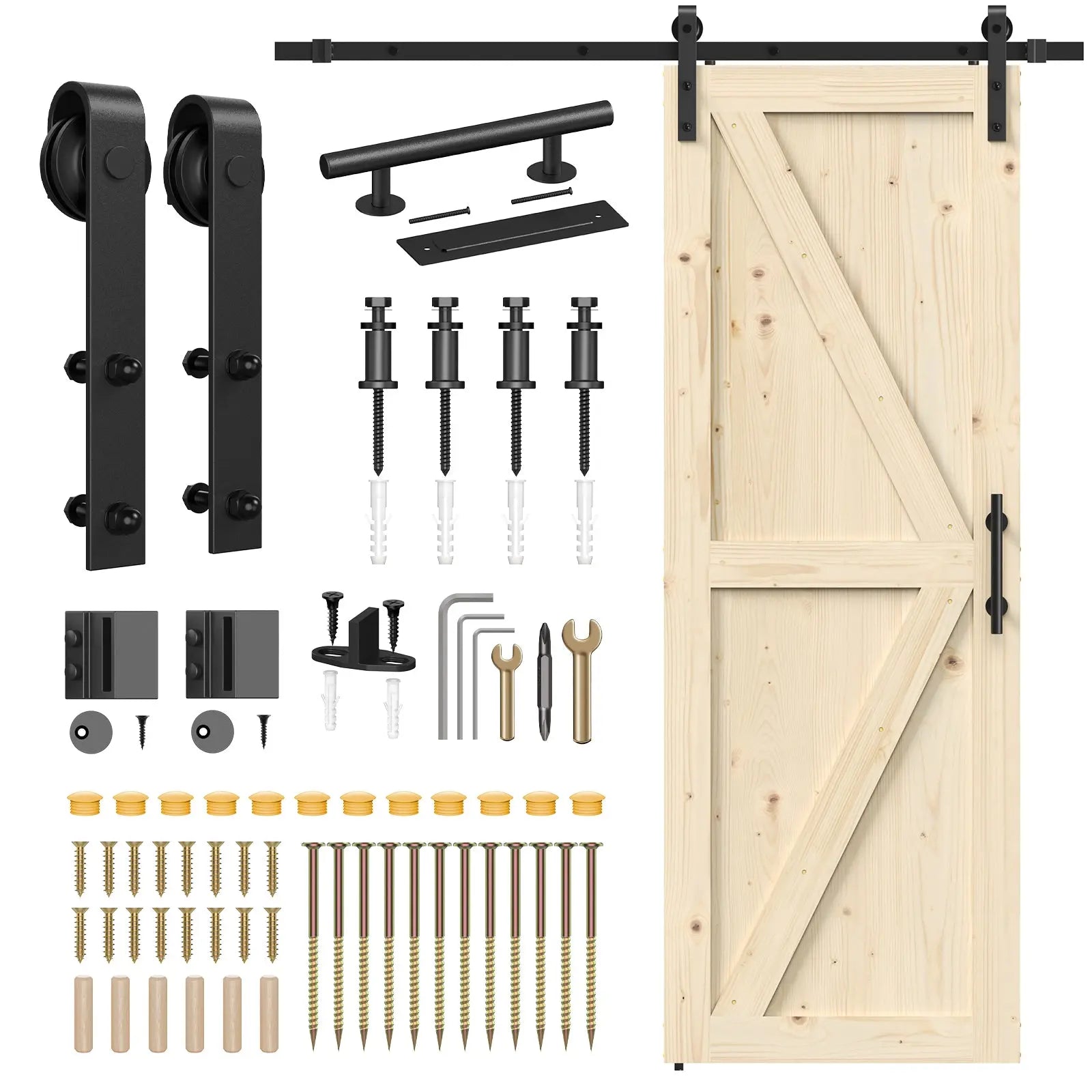 Solid Pine Barn Doors with Track Kit by HAUSVITA; black hardware and natural pine door