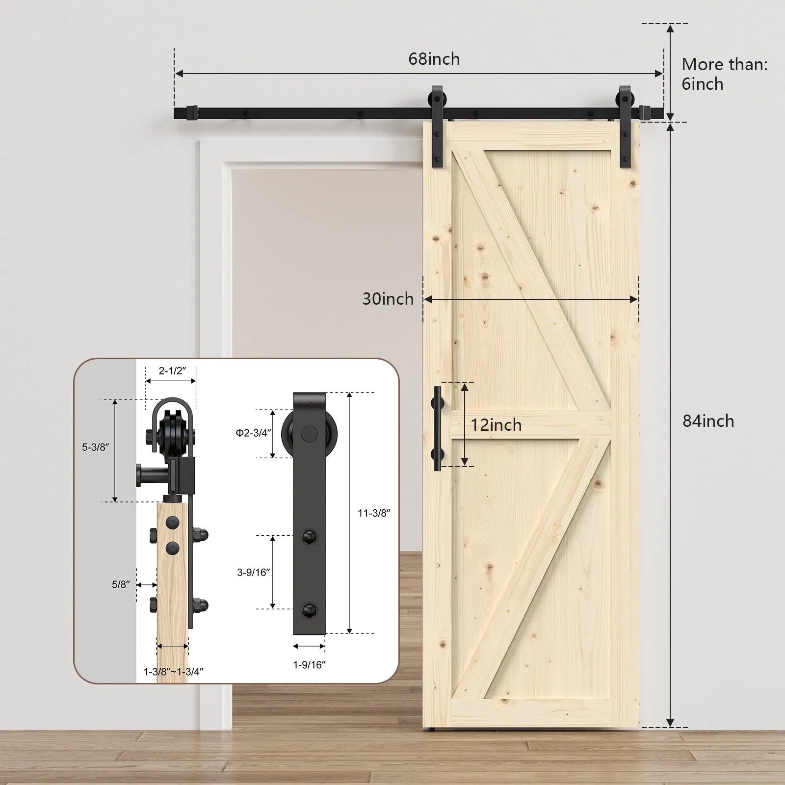 HAUSVITA solid pine barn doors with track kit; natural pine finish and black metal hardware