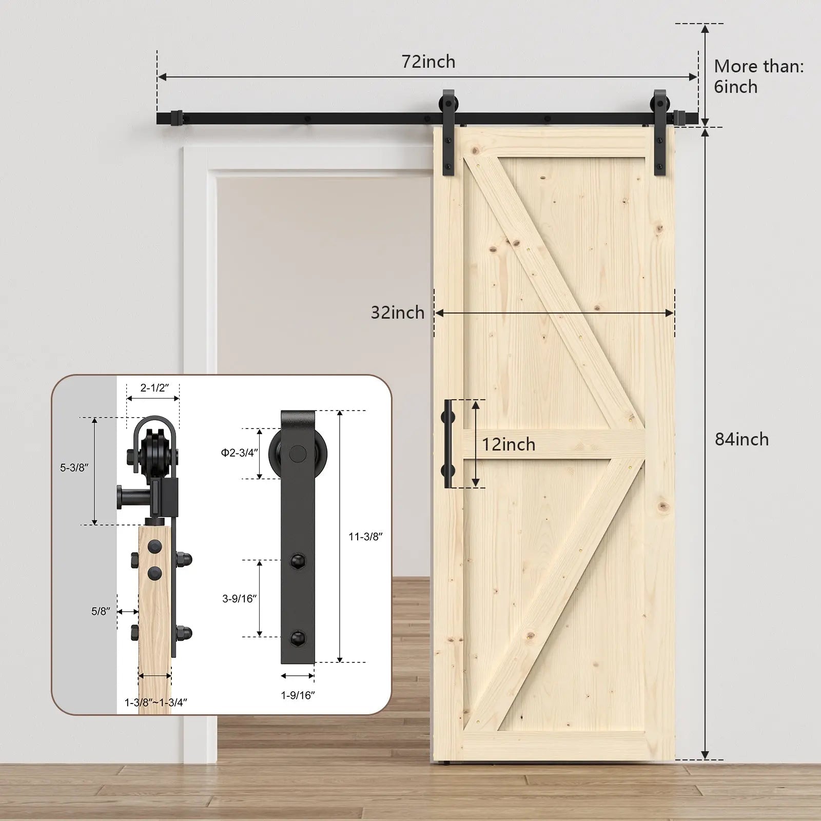 HAUSVITA solid pine barn door with track kit, natural wood on black sliding hardware