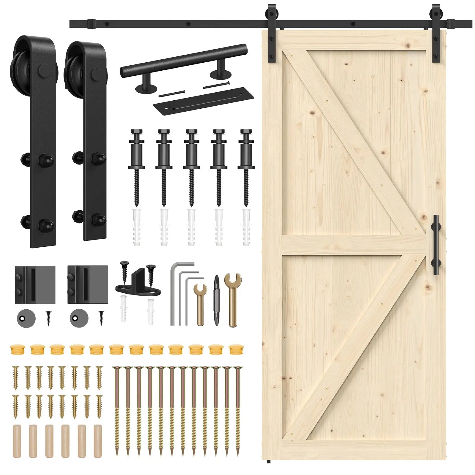 Solid pine barn door with black track kit by HAUSVITA.