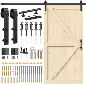 Solid Pine Barn Door with Track Kit by HAUSVITA, natural wood with black sliding hardware