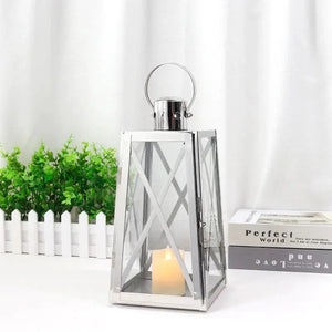 12''H JHY DESIGN stainless steel decorative lantern with X-frame glass panels and metal handle