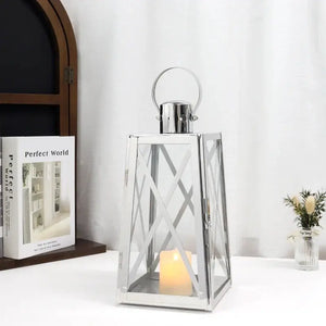 12''H JHY DESIGN trapezoid stainless steel decorative lantern with crisscross glass panels and ring handle