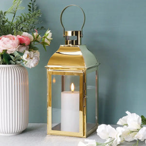 Decorative candle lantern, gold stainless steel with glass panels, 12.5" tall by JHY DESIGN.