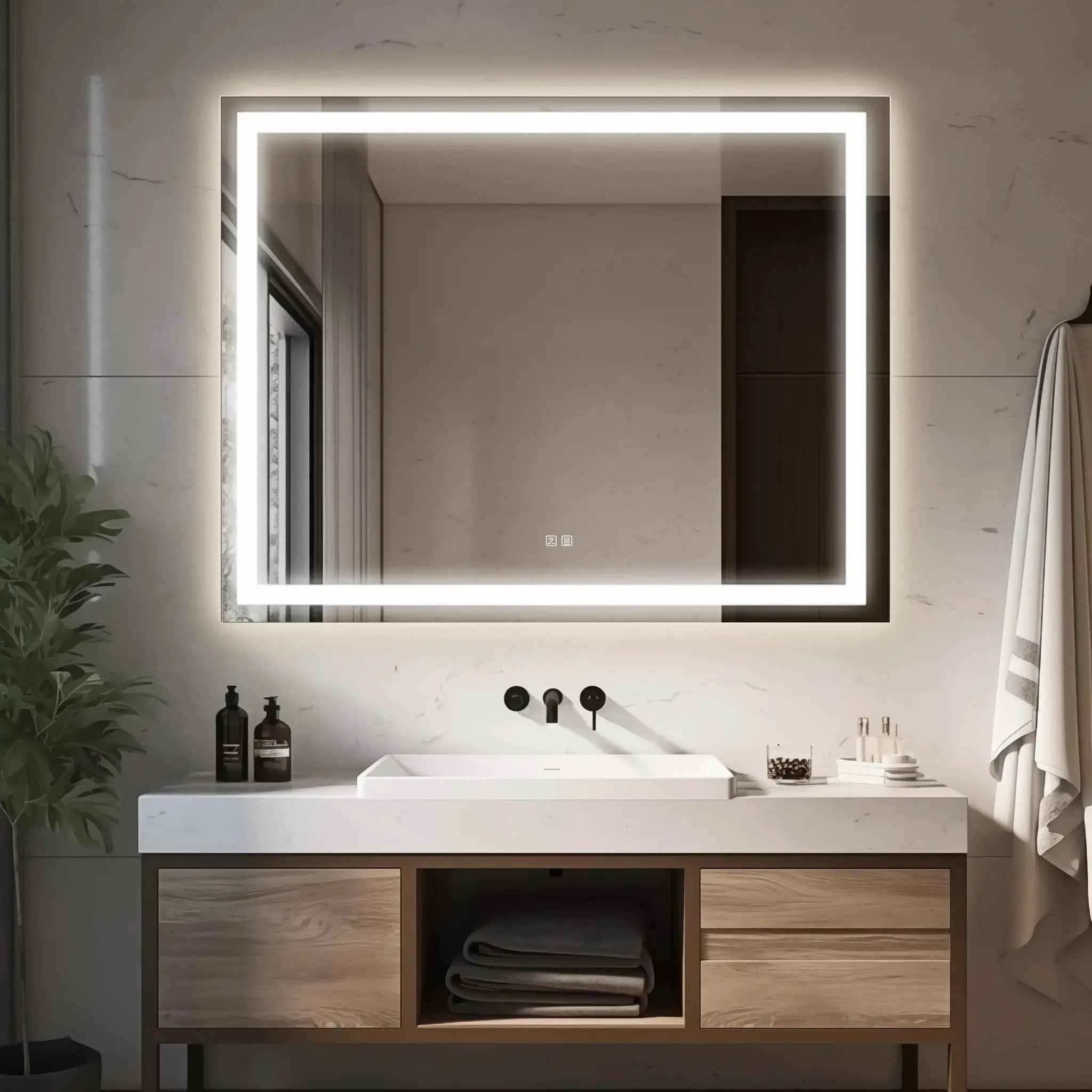 Standard Center Glow LED Bathroom Mirror by HAUSVITA with a white LED backlit frame