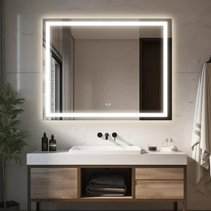 Standard Center Glow LED Bathroom Mirror by HAUSVITA with a white LED backlit frame