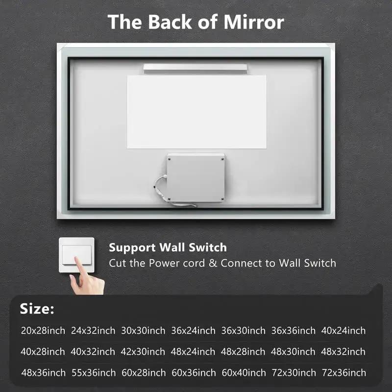 Standard Center Glow LED Bathroom Mirror back view with power box and wall switch