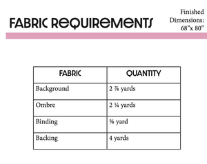 Star Path Quilt pattern by Block Party Quilt Co fabric requirements sheet listing background, ombre, binding, backing