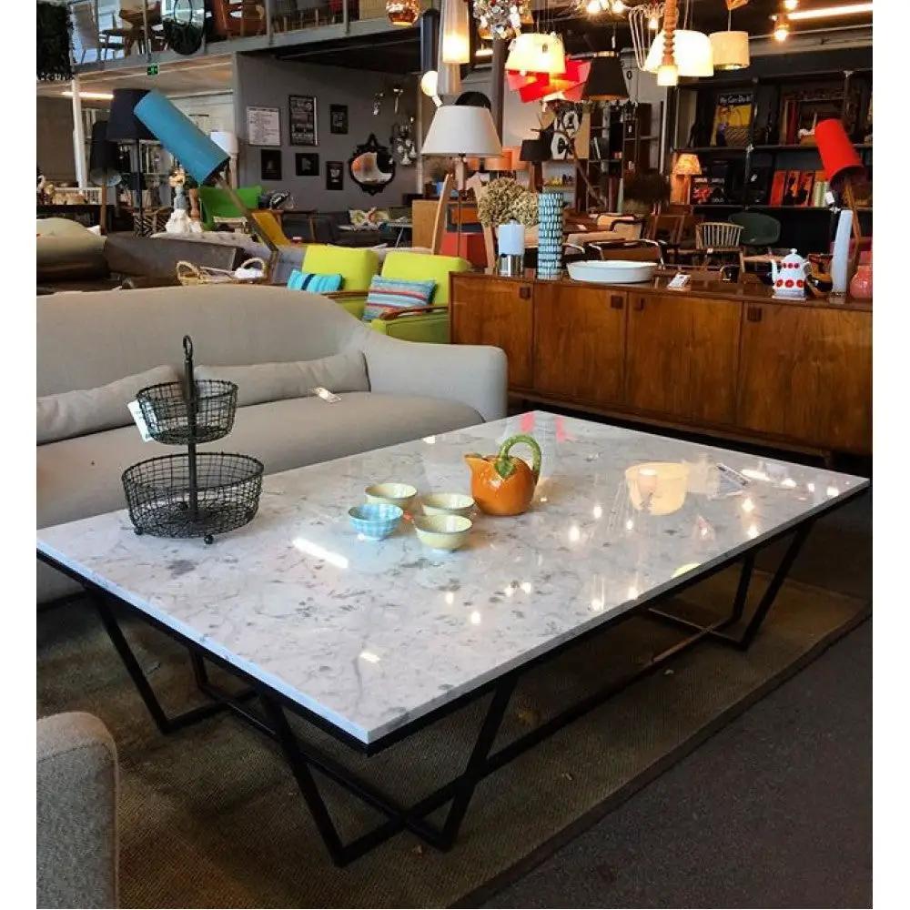 Marble coffee table, rectangular top with polished black metal legs, Villohome
