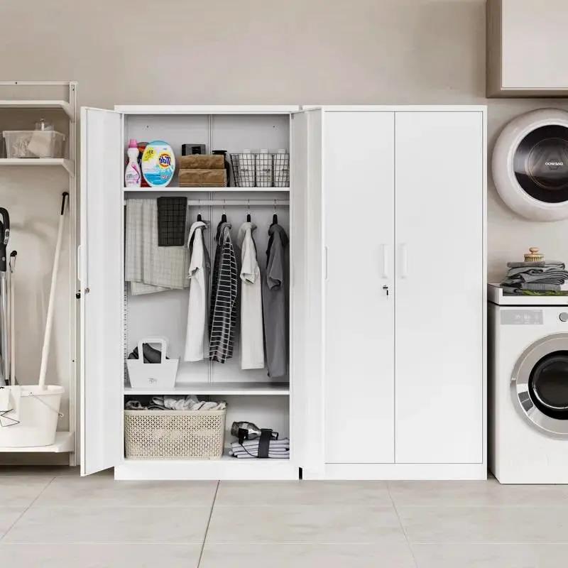 White Metal Locking Wardrobe Armoire Cabinet with Clothing Hanging Rod