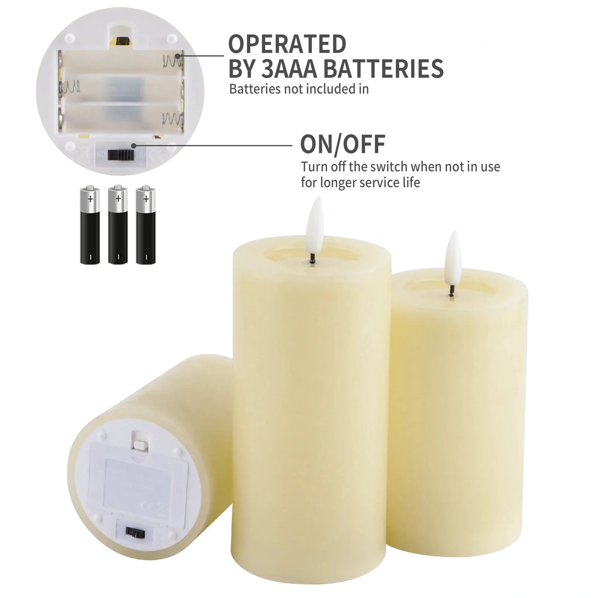 Set of 3 JHY DESIGN flameless LED candles, cream-colored with flickering flames
