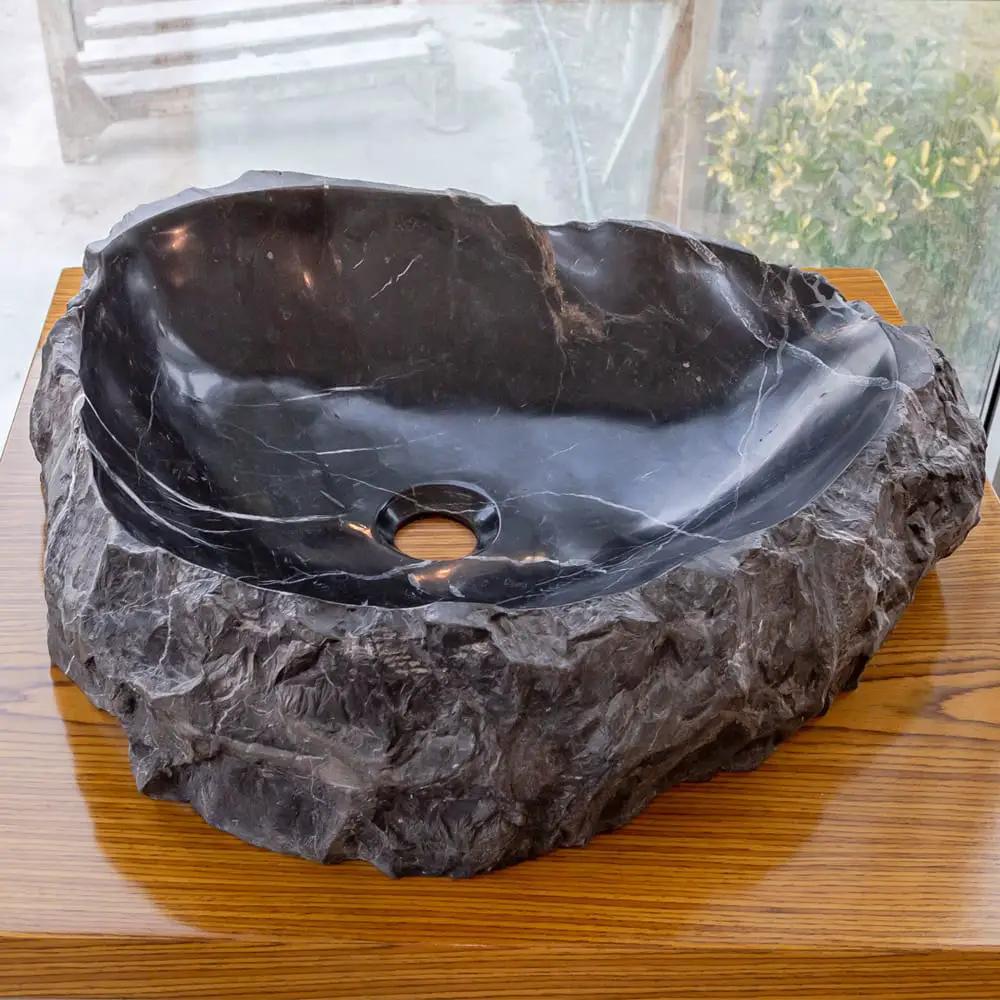 Stone sink Toros black natural stone marble, rustic above vanity bathroom basin by Villohome.