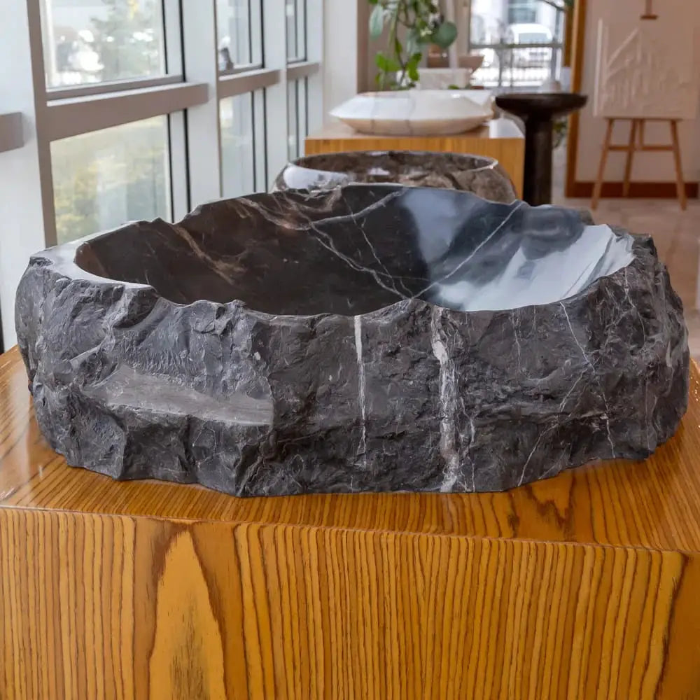 Toros Black natural stone marble above-vanity bathroom sink by Villohome, rustic.