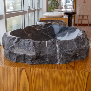 Toros Black natural stone marble above-vanity bathroom sink by Villohome, rustic.