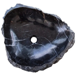Toros black marble vanity sink; rustic natural stone round basin with center drain