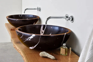 Villohome natural stone Toros Black marble vessel sinks (2) on live-edge wood vanity with chrome wall faucets