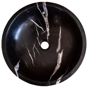 Stone sink Villohome Toros Black Marble, round 16-inch diameter for above-vanity bathroom use.