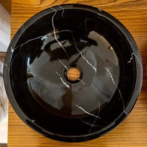 Villohome Toros Black Marble bathroom sink, round 16in diameter vanity basin with white veining