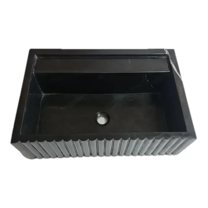 Toros black marble rectangular wall-mount bathroom sink with fluted exterior and drain hole