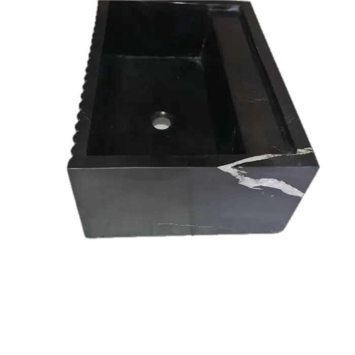 Toros black marble rectangular wall-mount bathroom sink with fluted sides