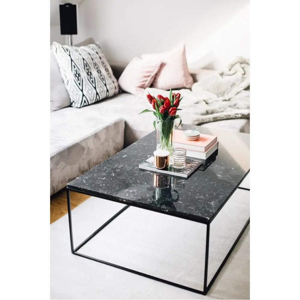 Marble Coffee Table Square with polished, eased-edge black top and metal frame